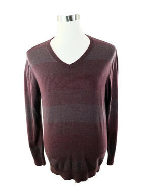 Claiborne Mens 5% Cashmere Blend V Neck Maroon Gray Striped Sweater Large